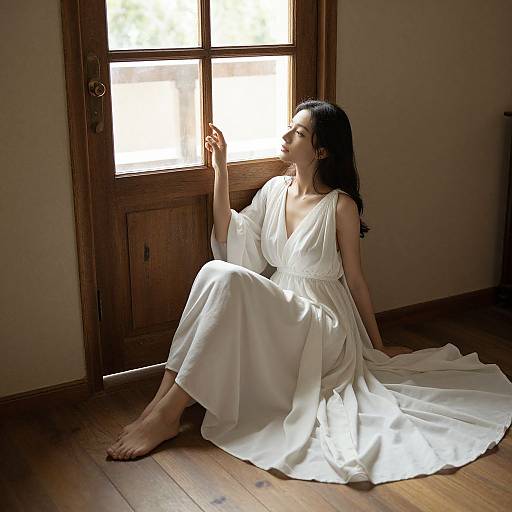 Photograph of a woman with long black hair, wearing a flowing white dress, sitting on a wooden floor by a sunlit wooden door. She gaz