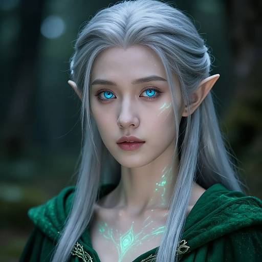 Digital artwork of an elf woman with silver hair, blue glowing eyes, pointed ears, glowing blue markings, and green cloak, set against a dark forest