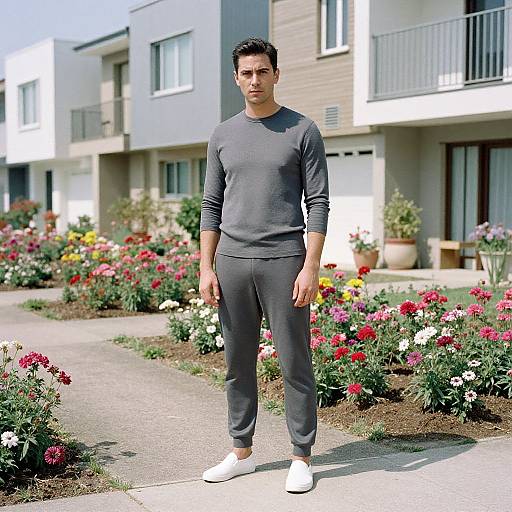 Photograph of a young man with short dark hair, wearing a gray long-sleeve shirt, gray pants, and white sneakers, standing on a