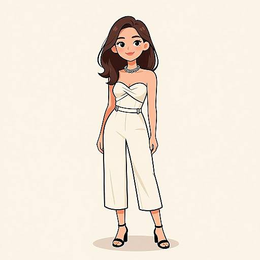 Digital cartoon of a smiling woman with brown hair, wearing a strapless white jumpsuit, black heels, and a necklace, standing against a white background