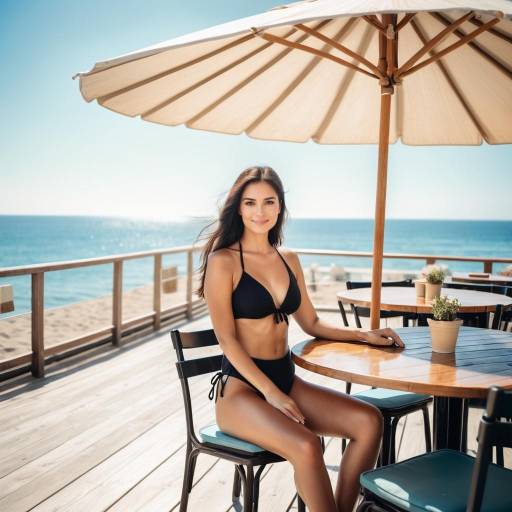 Woman in Black Bikini Sitting at Beachside Table