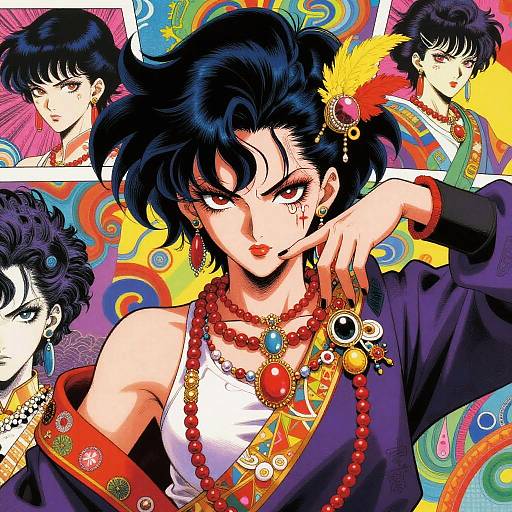 Vibrant anime-style illustration of a black-haired woman with red eyes, wearing elaborate jewelry, colorful outfit, and feather accessory, set against a psychedelic