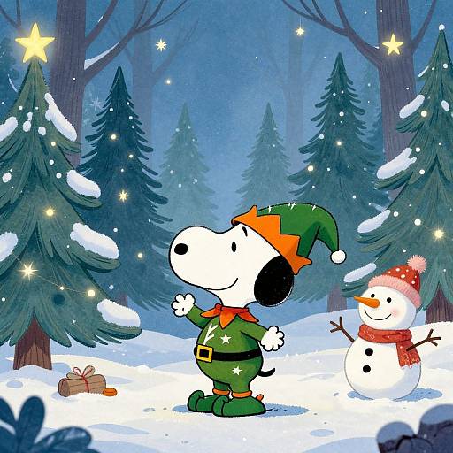 Cartoon winter scene: Snoopy in green elf outfit, orange hat, standing next to smiling snowman with red scarf, surrounded by snow-covered trees