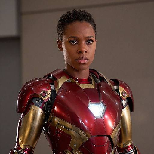 Photograph of a serious black woman with short curly hair in a red and gold Iron Man suit, with a glowing chest piece, against a blurred gray