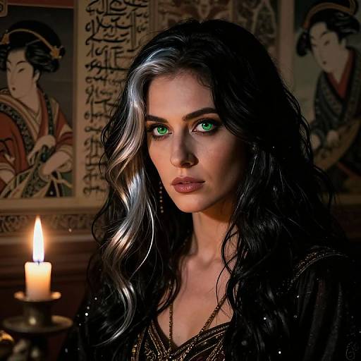Digital art of a mysterious woman with green eyes, long black hair with white streaks, wearing a dark, sparkly robe, illuminated by a candle