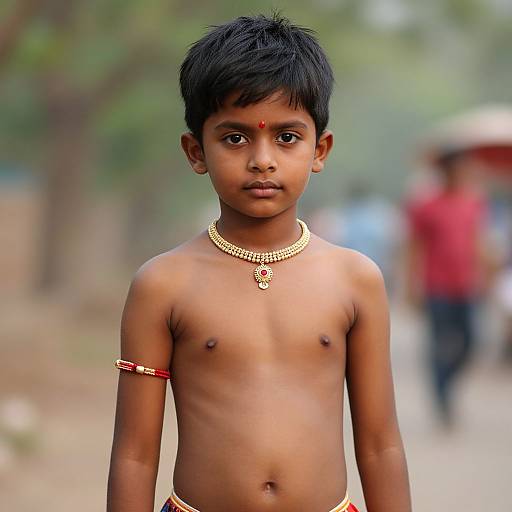 Photograph of a young, shirtless Indian boy with dark skin, wearing a red dot on his forehead, gold necklace, and armband,