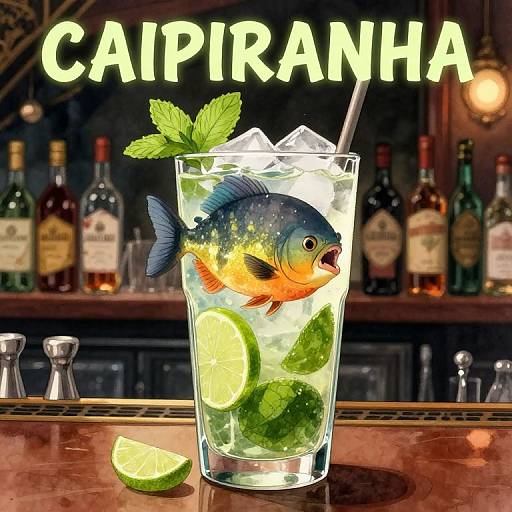 Illustrated cocktail with blue fish, lime slices, mint, ice, and straw; 