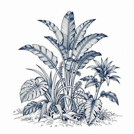 Detailed blue ink drawing of large tropical plants with broad leaves, intricate line work, and varied leaf sizes, set against a white background.