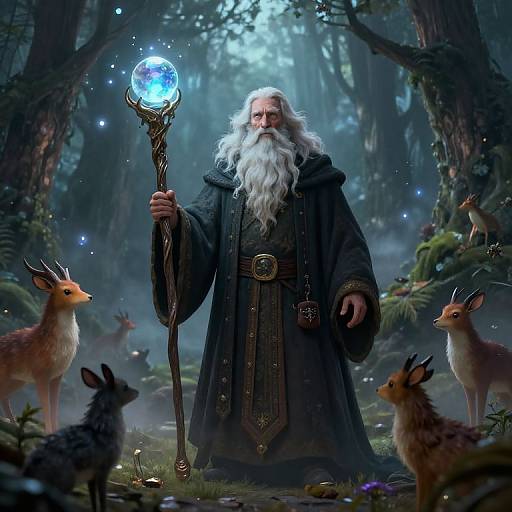 Magical forest scene featuring an elderly wizard with a white beard, holding a glowing staff, surrounded by deer and rabbits.