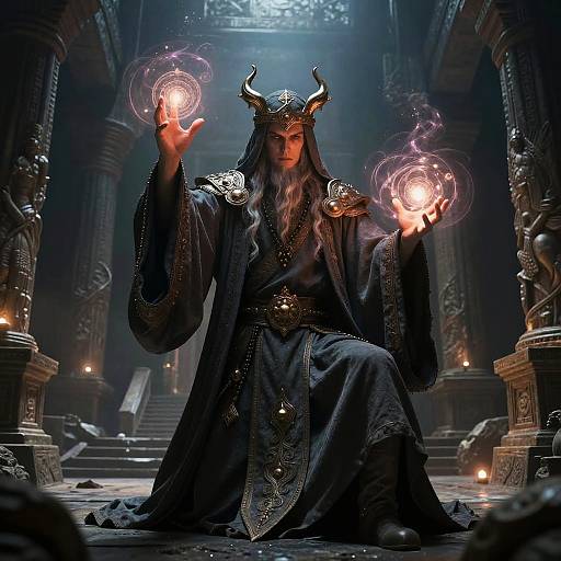 Mystical sorcerer in ornate black robe and horned helmet, sitting in dark, stone-lined temple, conjuring glowing magical orbs with each