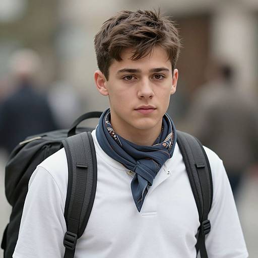 Photograph of a young Caucasian man with short brown hair, wearing a white shirt, navy scarf, and black backpack, standing in a blurred urban background