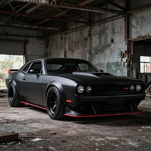 Photograph of a black, modified, low-profile Ford Mustang with red accents parked in a gritty, abandoned, industrial warehouse with peeling paint.