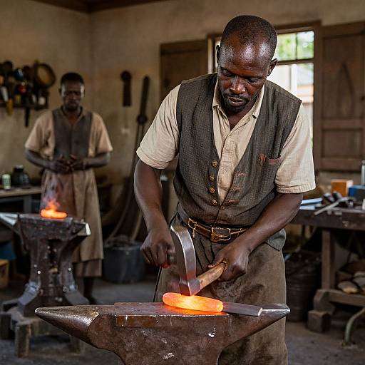 Photograph of two African American blacksmiths in a rustic workshop, one hammering glowing hot metal on an anvil, the other watching. W