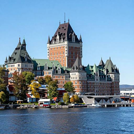 Photograph of Château Frontenac in Quebec City, featuring its distinctive turrets, red brick architecture, and green roofs, with a clear