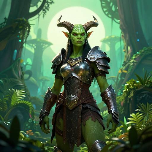 Digital artwork of a green-skinned, horned female warrior with glowing eyes, wearing metallic armor, standing in a mystical, lush, forest-like background