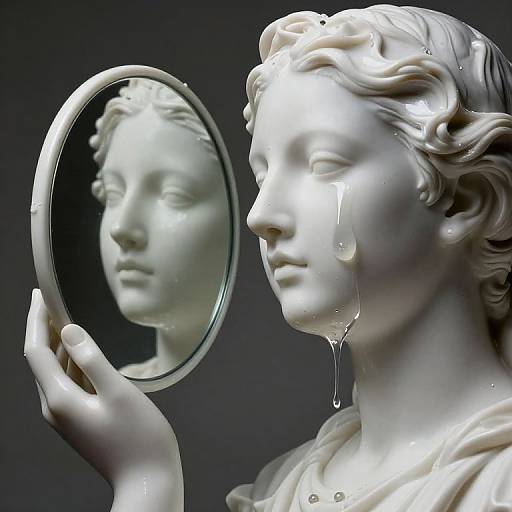 Photograph of a white marble statue of a woman with flowing hair, holding a circular mirror, with droplets of water on her face reflecting in the