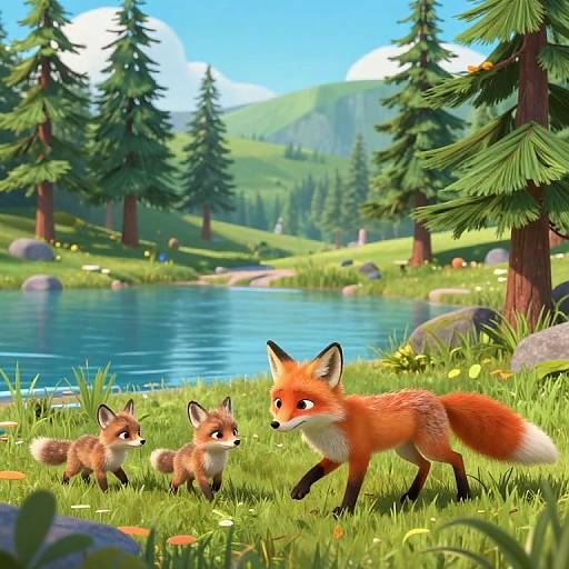 Digital illustration: A mother red fox with two red fox kits walk by a serene, blue lake in a lush, mountainous forest.