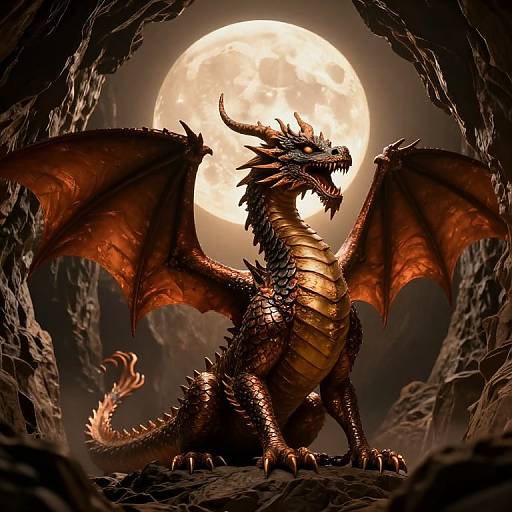 Digital artwork of a fierce, red-scaled dragon with large wings and sharp horns, roaring in a dark cave under a bright full moon.