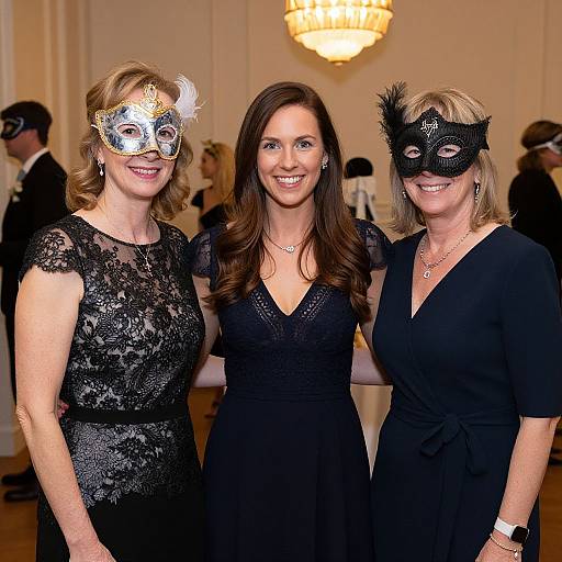 Photograph of three women in black dresses, wearing masquerade masks, smiling in elegant ballroom with chandelier, other guests in background.