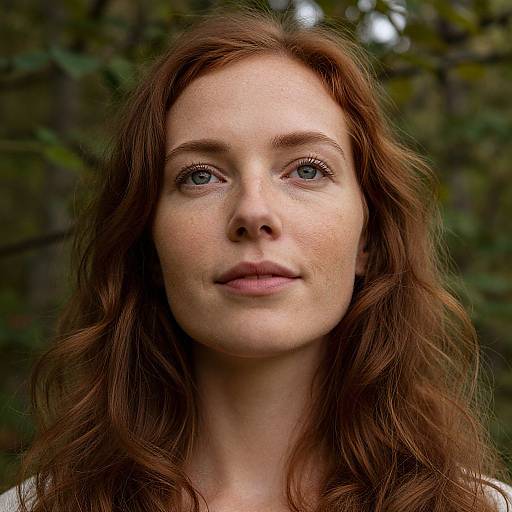 Photograph of a fair-skinned woman with red, wavy hair, blue eyes, and freckles, looking directly at the camera in a