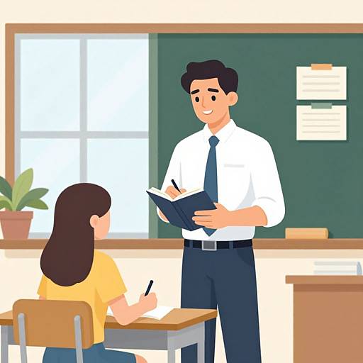 Illustration of a smiling male teacher with black hair, white shirt, and black tie, holding a notebook, standing in front of a seated female student