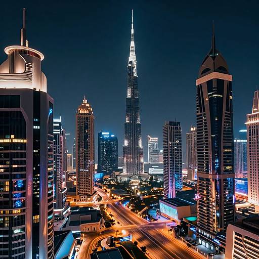 Nighttime photograph of a brightly lit, modern city skyline with a tall, illuminated skyscraper in the center, surrounded by high-rise buildings and busy streets