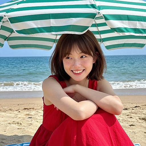 Photograph of a smiling Asian girl with freckles, wearing a red dress, sitting under a green-and-white striped beach umbrella on a sunny beach