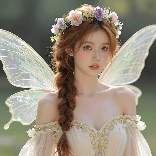 Ethereal Fairy Woman with Flower Crown and Wings
