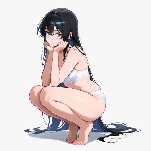 Serene Crouching Girl in Elegant Attire Serene Crouching Girl in Elegant Attire