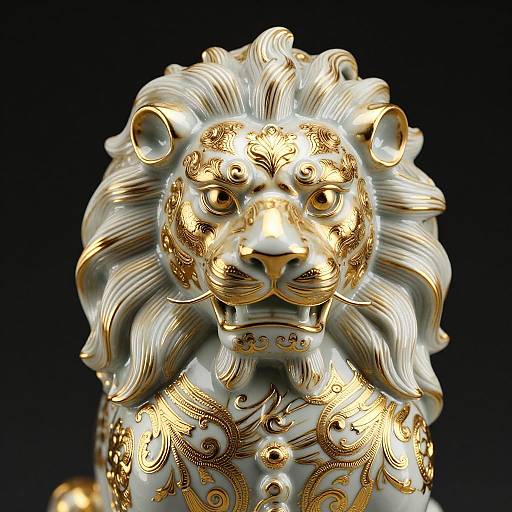 Photograph of an intricately detailed, golden lion statue with ornate patterns, featuring a majestic mane, set against a black background.