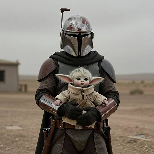 Photograph of a Mandalorian knight in dark armor holding a small, white-furred, big-eared creature in a beige jacket, standing in a