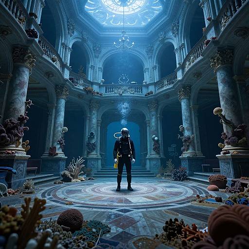 Photograph of a man in a black suit standing in a dimly lit, grand, oceanic-themed ballroom with coral, statues, and ar