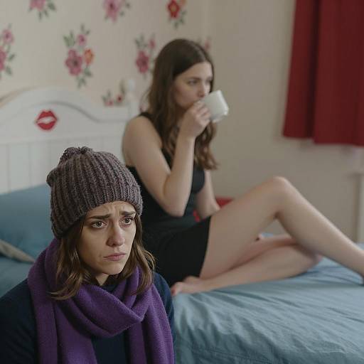 Two Young Women in Bedroom with Contrasting Emotions