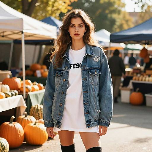 Photograph of a young woman with long brown hair, wearing a white tee, denim jacket, and black thigh-high socks, standing in a sunny pumpkin