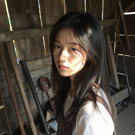 Photograph of an Asian woman with long black hair, wearing a white shirt, standing in a dimly lit, rustic wooden shed. Sunlight casts