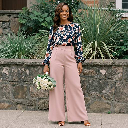 Elegant Woman in Floral Blouse and Wide-Leg Pants