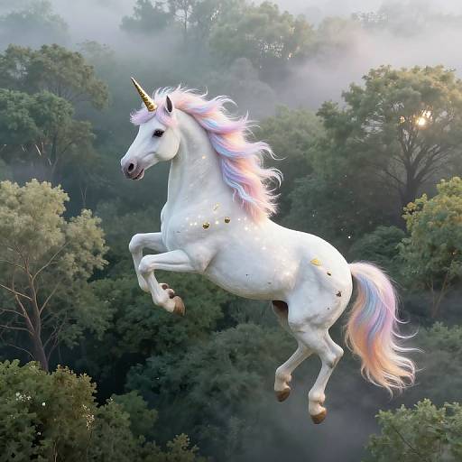 Photorealistic digital artwork of a white unicorn with a pastel pink and purple mane, jumping mid-air above a misty forest. The unicorn has