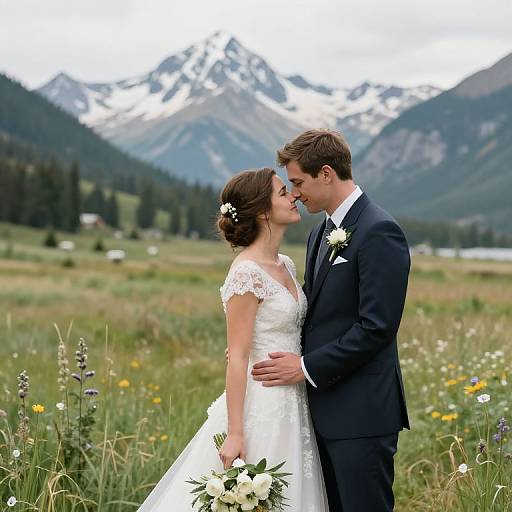 Photograph of a bride in a white lace dress and groom in a navy suit, standing in a meadow with mountains, holding bouquets, g