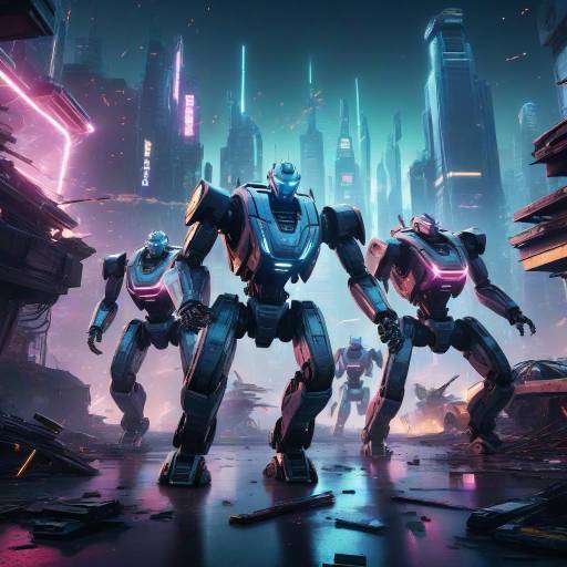 Futuristic Robots Rampaging in Neon City Futuristic Robots Rampaging in Neon City