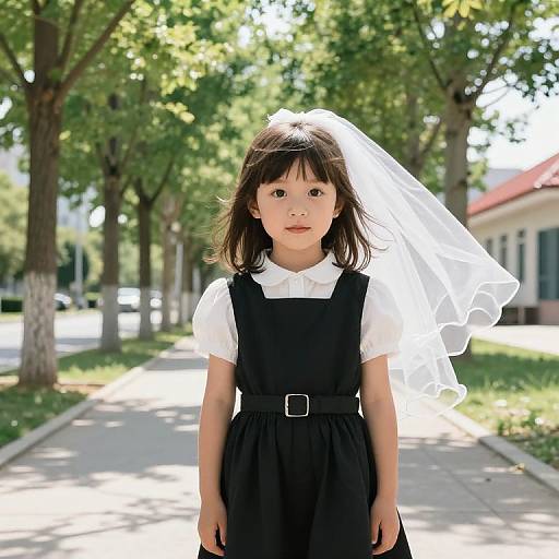 Young Girl in Veil on Sunny Sidewalk