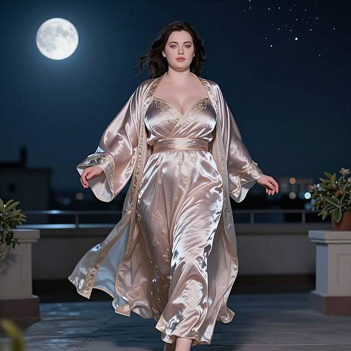 Photograph of a full-figured woman with pale skin and dark hair, wearing a shiny, silver satin robe and gown, walking under a moon
