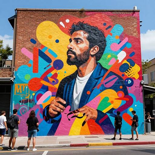 Vibrant street mural of a bearded man with dark hair in a navy blazer, surrounded by colorful abstract shapes, on a brick wall.
