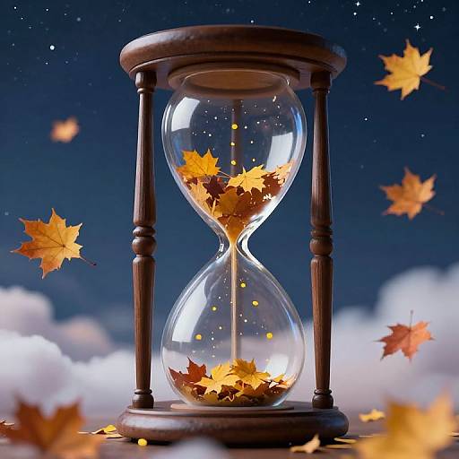 Photograph of a wooden hourglass with falling autumn leaves against a night sky with stars and clouds.