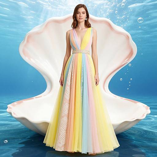 Photograph of a fair-skinned woman with brown hair in a colorful, V-neck, floor-length gown standing underwater in front of a glowing, shell