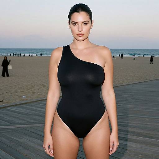 Stocky Woman in Minimalist Black Bodysuit