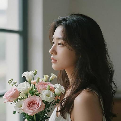 Elegant Woman with Flower Bouquet Portrait