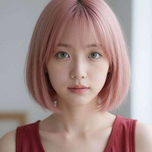 Photograph of a young Asian woman with short, pastel pink bob haircut, green eyes, fair skin, and wearing a red sleeveless top,