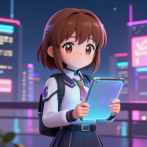 Anime-style digital art of a brown-haired girl with large eyes, wearing a school uniform, holding a glowing blue tablet, in a neon-lit city