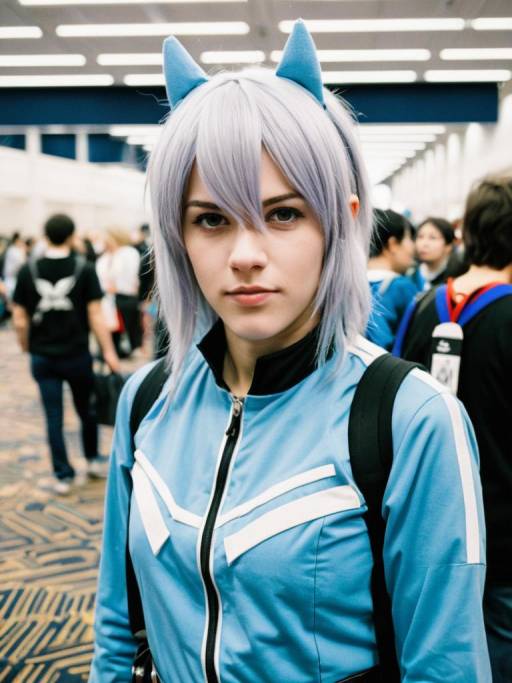 Young Woman in Blue Femboy Cosplay Costume at Convention