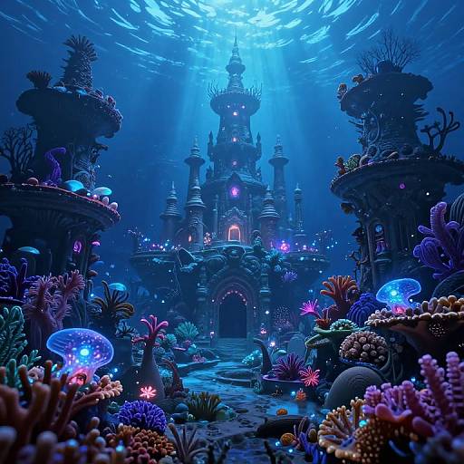 Digital artwork of a glowing underwater castle surrounded by vibrant, bioluminescent coral and jellyfish, illuminated by blue light rays from above.